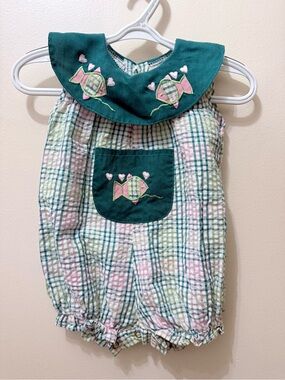 Vintage Y2K Seer Sucker Bubble Bibbed Romper Pastel Sea Beach Fish Embroidered 6